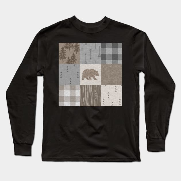 Bear Patchwork - Rustic Neutrals Long Sleeve T-Shirt by SugarPineDesign